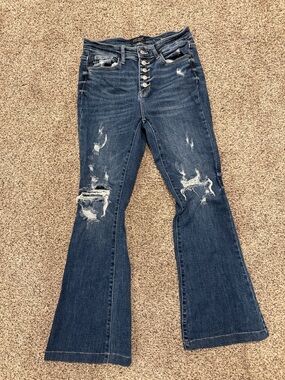 Judy Blue Dark Blue Distressed Button-Fly Flare Jeans - Women